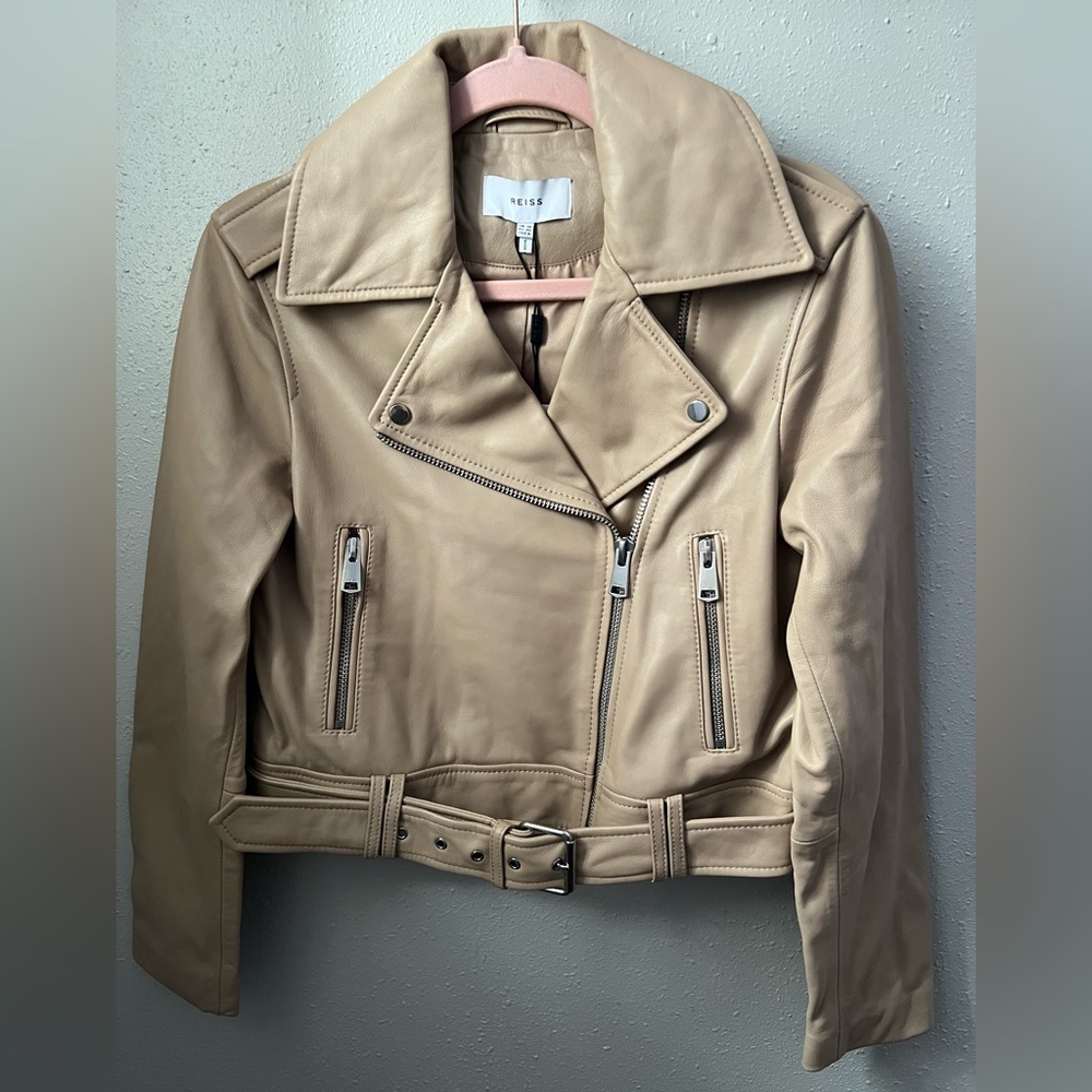 REISS Tyler Leather Biker Jacket in Neutral Size 6 New - Picture 4 of 11